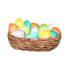 Wicker basket with yellow, blue, green, orange eggs. Easter clipart. Hand-drawn watercolor illustration