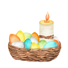 Wicker basket with yellow, blue, green, orange eggs with large white candle. Easter clipart. Hand-drawn watercolor illustration