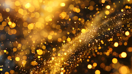 A shimmering abstract background with golden bokeh effects and sparkling light.