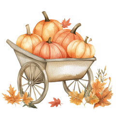 Colorful Pumpkins in a Wheelbarrow Surrounded by Autumn Leaves in a Harvest Setting
