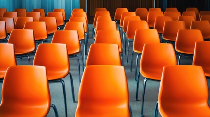Fototapeta premium Large meeting space featuring multiple rows of vibrant orange chairs arranged in an organized setup ideal for conferences or events