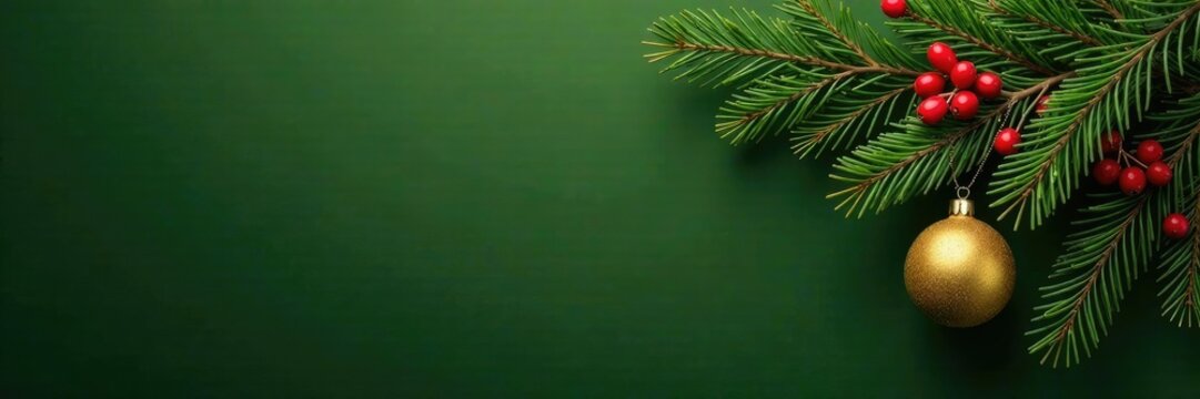 Evergreen fir tree branches with gold ornaments and red berries against olive green background, gold, red berries