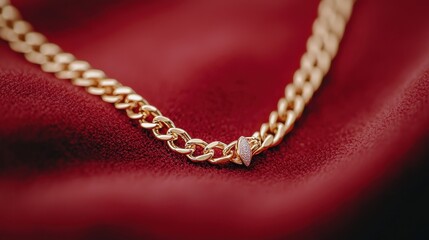 Detailed Close-Up of a Realistic Luxury Gold Necklace on a Rich Red Background
