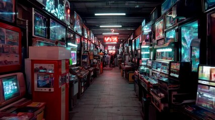 Retro arcade interior, red and blue neon signs, rows of vintage video games, dimly lit corridor, stone floor, Asian style