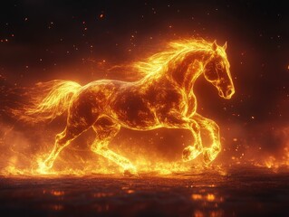 Fiery horse galloping amidst intense flames, showcasing motion and strength