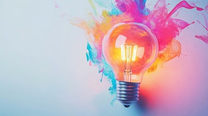 Creative Light Bulb Concept with Colorful Paint Splashes on White Background