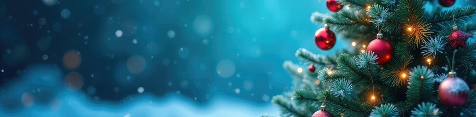 Christmas tree against bright blue background with soft focus and ornaments, holiday decorations, snowy scene