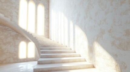 Fototapeta premium Elegant interior staircase design featuring arched windows and a textured wall, bathed in soft natural light.