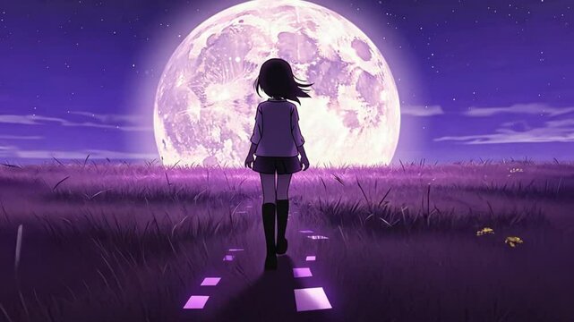A silhouette of a girl in an anime style walking alone wide field, full moon overhead. Her steps leave a trail of glowing footprints, soft breeze moves tall grasses in time lofi music, anime-style