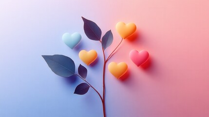 Pastel hearts adorn a branch with dark leaves against a soft pink and blue gradient background.  A romantic and delicate image, perfect for Valentine's Day or love-themed designs.