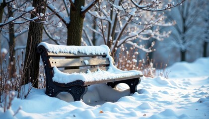 Bench nestled among snow-covered dry branches, serene, cold