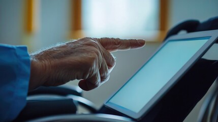 Hand pointing at tablet screen for health guidance in consultation between a doctor and a man in wheelchair in a healthcare setting.