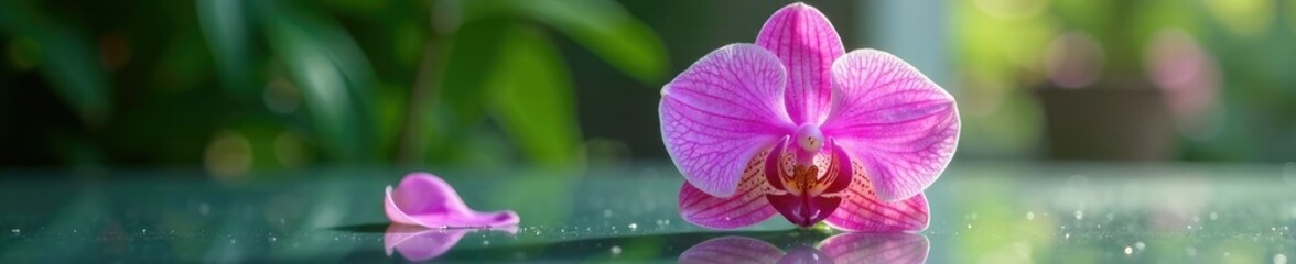 Fototapeta premium A tiny pink orchid with dew drops on its petals on a glass table, still life, petals