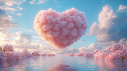 Dreamy Valentine's Day Banner with a Heart-Shaped Pink Cloud Floating Over a Reflective Water Surface Surrounded by Blossoming Flowers - Copy Space