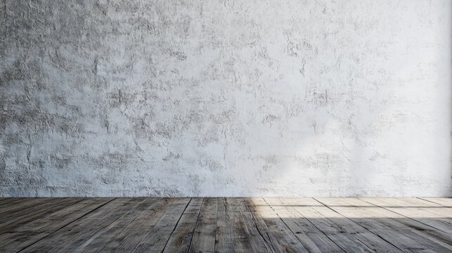 Interior of a spacious empty warehouse featuring a blank white wall providing ample advertising space and rustic wooden flooring.