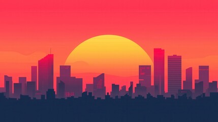 Naklejka premium A vibrant sunset casts a warm glow over a city skyline, creating a striking contrast between the colorful sky and silhouette buildings.