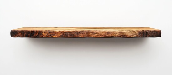 Rustic wooden shelf isolated on white background ideal for showcasing products or adding text and design elements.