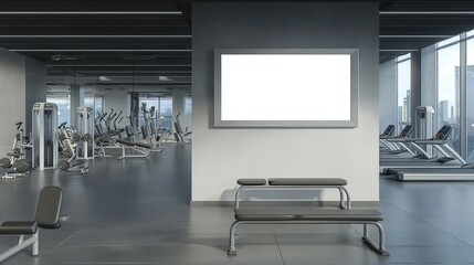 Modern Fitness Facility with Equipment and Blank Display Space for Professional Use