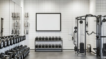 Modern Fitness Facility Interior Featuring Weightlifting Equipment and Blank Wall for Customization