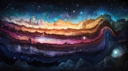 Intricate cross section of a multi layered galaxy showcasing vibrant stars and gas clouds in a cosmic landscape.