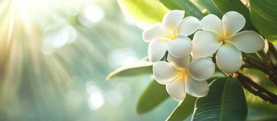 White flower branch blooming in soft sunlight with green leaves creating a serene background and ample space for text or branding in design.