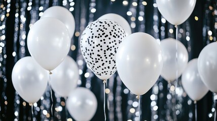 White helium balloons with black text and a dotted design among shimmering festive backdrop for celebrations and events