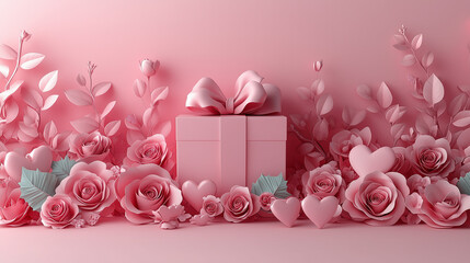 Elegant Valentine's Day Banner with Gift Box, Roses, Floating Hearts, and Copy Space for Romantic Messages