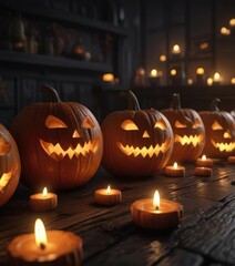 Group of carved pumpkins with candles burning inside on a dark night, spooky, Halloween, group
