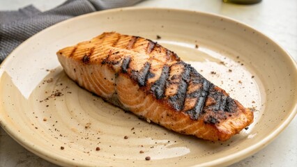 grilled salmon steak on a beige plate with charred edges and flaky flesh, gastronomic delight, culinary art, dinner