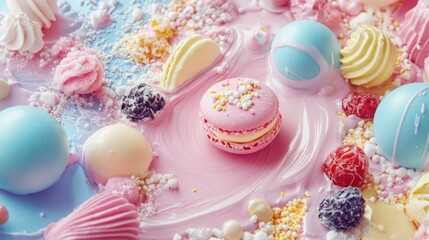 Colorful Sweet Treats Arrangement with Macarons and Decorative Elements on a Pastel Background for Dessert and Bakery Themes
