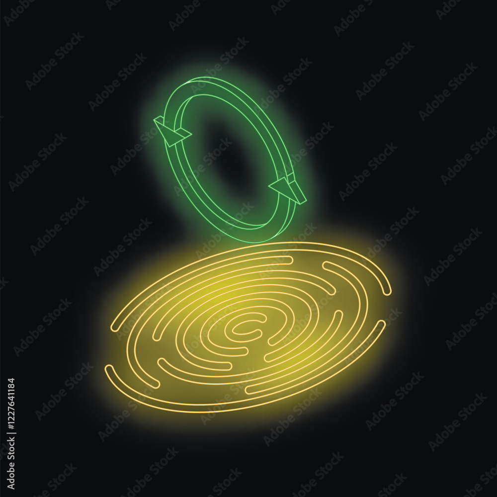 Poster neon fingerprint is being updated by rotating circular arrows, representing biometric data update
