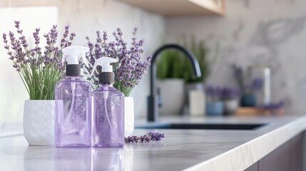 Lavender scented cleaning products and fresh lavender flowers enhance a modern kitchen countertop ambiance