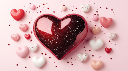 Romantic Valentine's Day Flat Lay Composition with Shiny 3D Hearts, Glitter, and Copy Space for Greeting Card Design