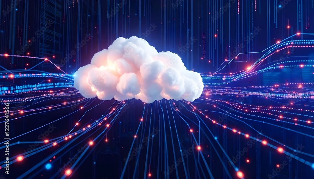 Poster Cloud computing concept with data streams transferring large amounts of information across the internet, representing futuristic digital technology and seamless connectivity