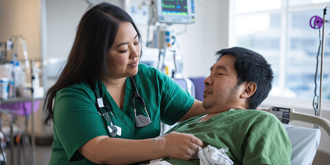 Fototapeta premium Nurse Attending to Patient in Hospital Room