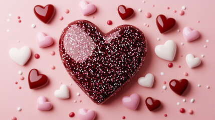 Flat Lay Valentine's Day Banner with Glossy Red and Pink Hearts on a Soft Pastel Background – Copy Space for Text or Branding