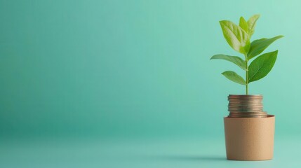 A stack of coins growing taller next to a small plant, representing financial growth and prosperity