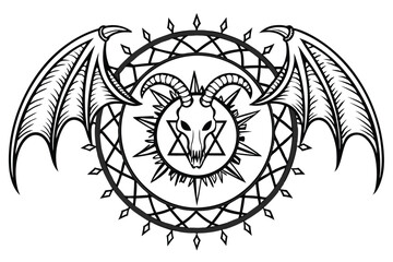 Dark fantasy tattoo designs, biomechanical elements, gothic symbolism, intricate line art, skeletal structures, demonic wings, tribal patterns, occult symbols, symmetrical compositions, thorny vines, 