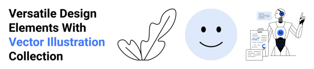 Robot pointing at data charts and graphs, leaf outline, blue happy face emoticon. Ideal for AI, data analysis, innovation, technology, creativity, digital concepts flat landing page banner