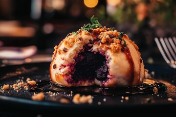 This delicious Zwetschgenknodel dessert features sweet plums wrapped in a soft dough, topped with caramel and crunchy nuts, making it a perfect sweet treat.