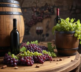 Fototapeta premium Grapes scattered around a wooden wine barrel and wine bottles, wine bottles, vintage, grape clusters