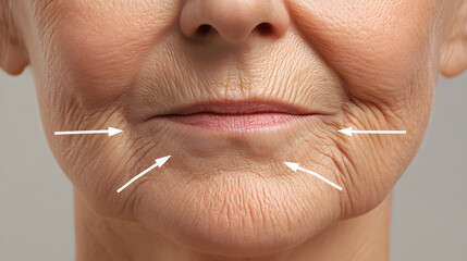 Obraz premium Close-up of aging woman with arrows highlighting deep wrinkles