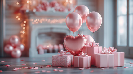 Valentine's Day Banner with Pink Heart Balloons and Gift Boxes in a Sunlit Room - Copy Space