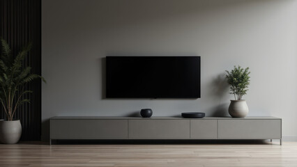 Modern living room with smart TV on entertainment center.
