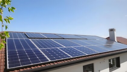 Naklejka premium Photovoltaic solar panels installed on the roof of a modern house, showcasing sustainable energy solutions and eco-friendly technology in a contemporary residential setting