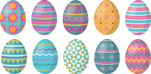 Set of colored eggs with decorative patterns.