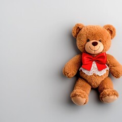 Obraz premium Adorable plush teddy bear with red bow sitting against a light gray background for children and gifts