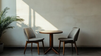 Fototapeta premium Modern interior design featuring a wooden table with two stylish chairs and natural light illuminating a minimalist space.