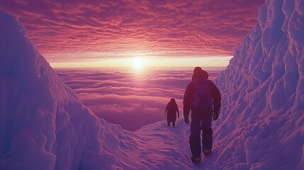 Fototapeta premium Hikers ascend snowy mountain peak at sunset