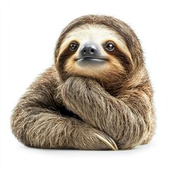 Fototapeta premium Cute and Relaxed Sloth with a Charming Smile Resting with Arms Crossed on a White Background